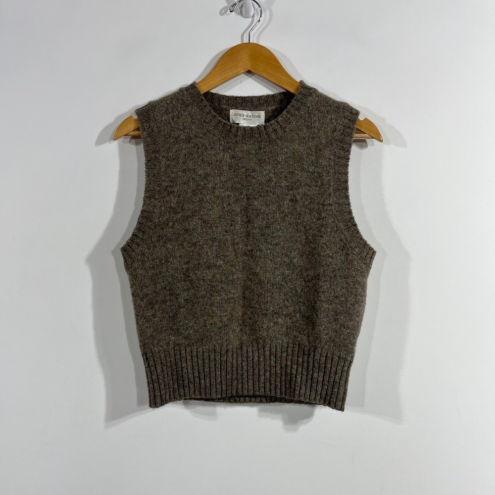 Jones VTG Old Money Academia Brown 100% Wool Sweater Vest Crew Neck Knit Medium